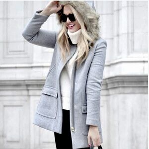 J. Crew Vail Hooded Wool Blend Zip-Up Mid Length Coat in Heather Gray Size 2